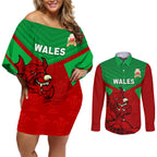 custom-wales-rugby-couples-matching-off-shoulder-short-dress-and-long-sleeve-button-shirt-2024-six-nations-come-on-cymru-mascot-sporty