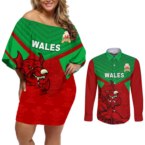 custom-wales-rugby-couples-matching-off-shoulder-short-dress-and-long-sleeve-button-shirt-2024-six-nations-come-on-cymru-mascot-sporty