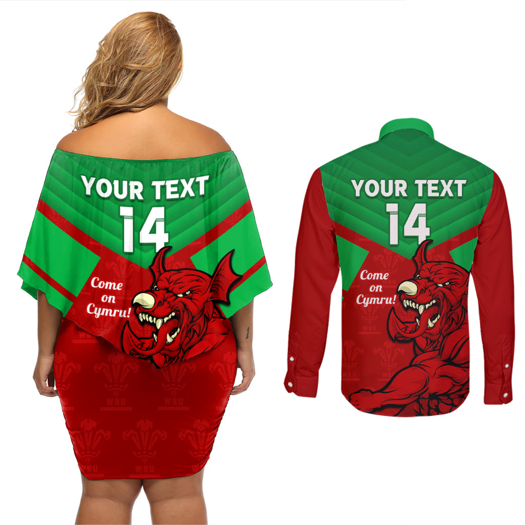 custom-wales-rugby-couples-matching-off-shoulder-short-dress-and-long-sleeve-button-shirt-2024-six-nations-come-on-cymru-mascot-sporty