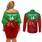 custom-wales-rugby-couples-matching-off-shoulder-short-dress-and-long-sleeve-button-shirt-2024-six-nations-come-on-cymru-mascot-sporty