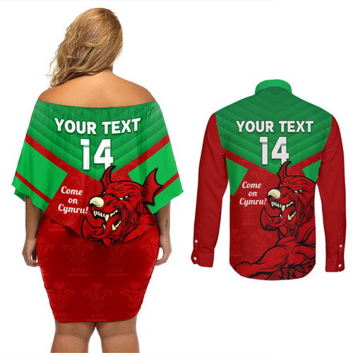 custom-wales-rugby-couples-matching-off-shoulder-short-dress-and-long-sleeve-button-shirt-2024-six-nations-come-on-cymru-mascot-sporty