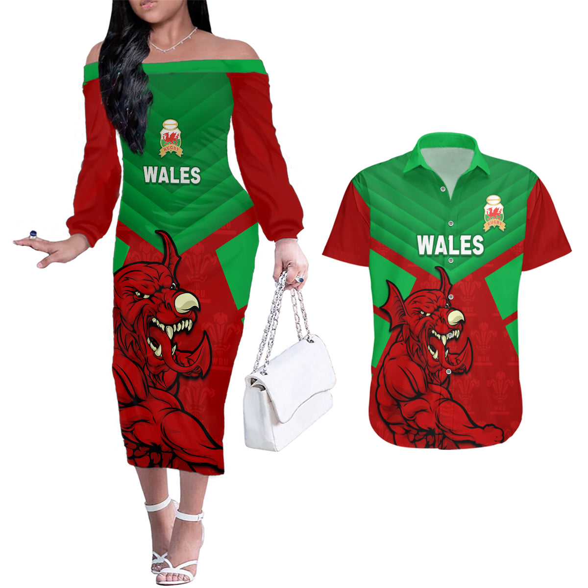 custom-wales-rugby-couples-matching-off-the-shoulder-long-sleeve-dress-and-hawaiian-shirt-2024-six-nations-come-on-cymru-mascot-sporty
