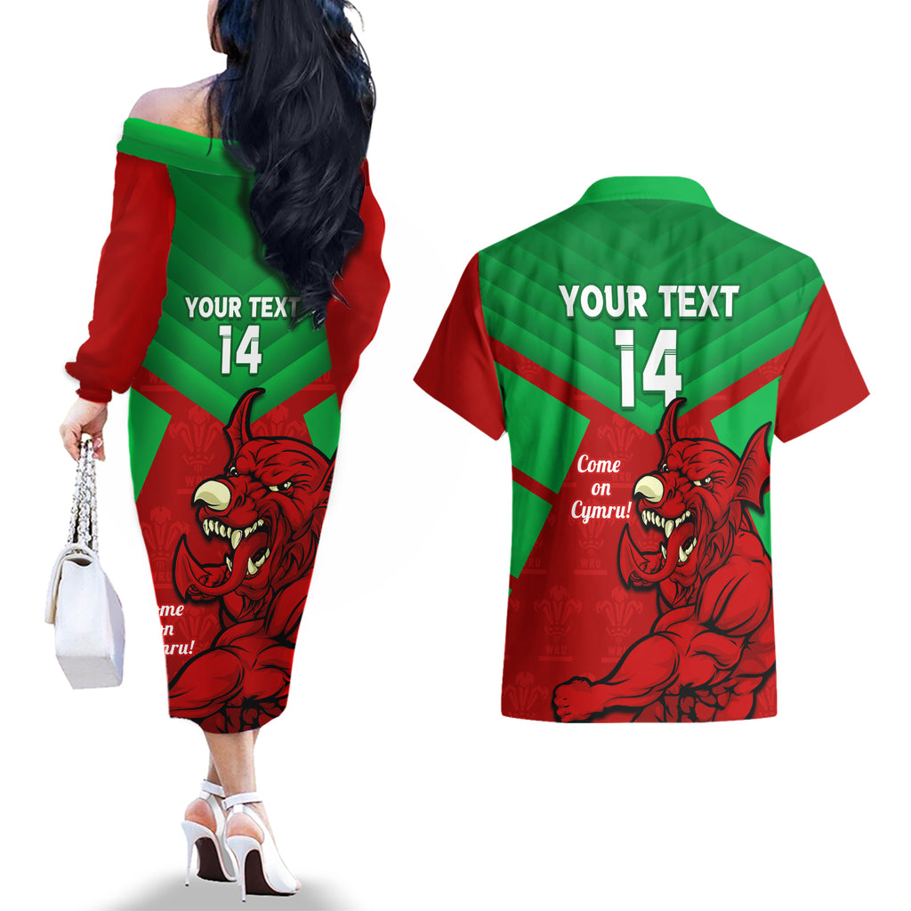 custom-wales-rugby-couples-matching-off-the-shoulder-long-sleeve-dress-and-hawaiian-shirt-2024-six-nations-come-on-cymru-mascot-sporty