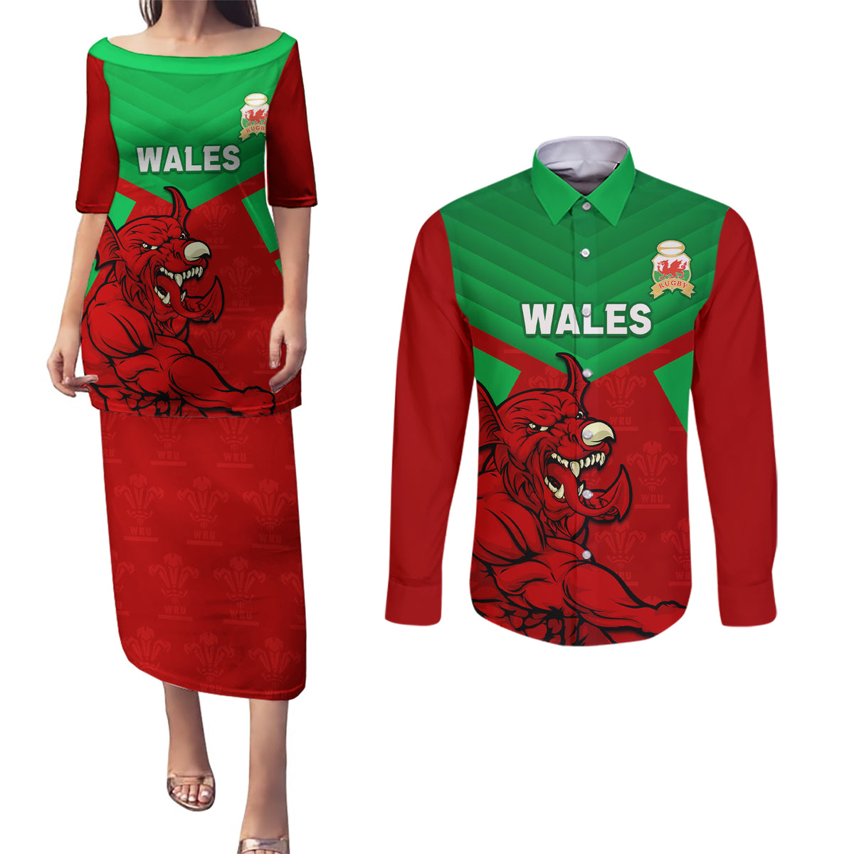 custom-wales-rugby-couples-matching-puletasi-and-long-sleeve-button-shirt-2024-six-nations-come-on-cymru-mascot-sporty