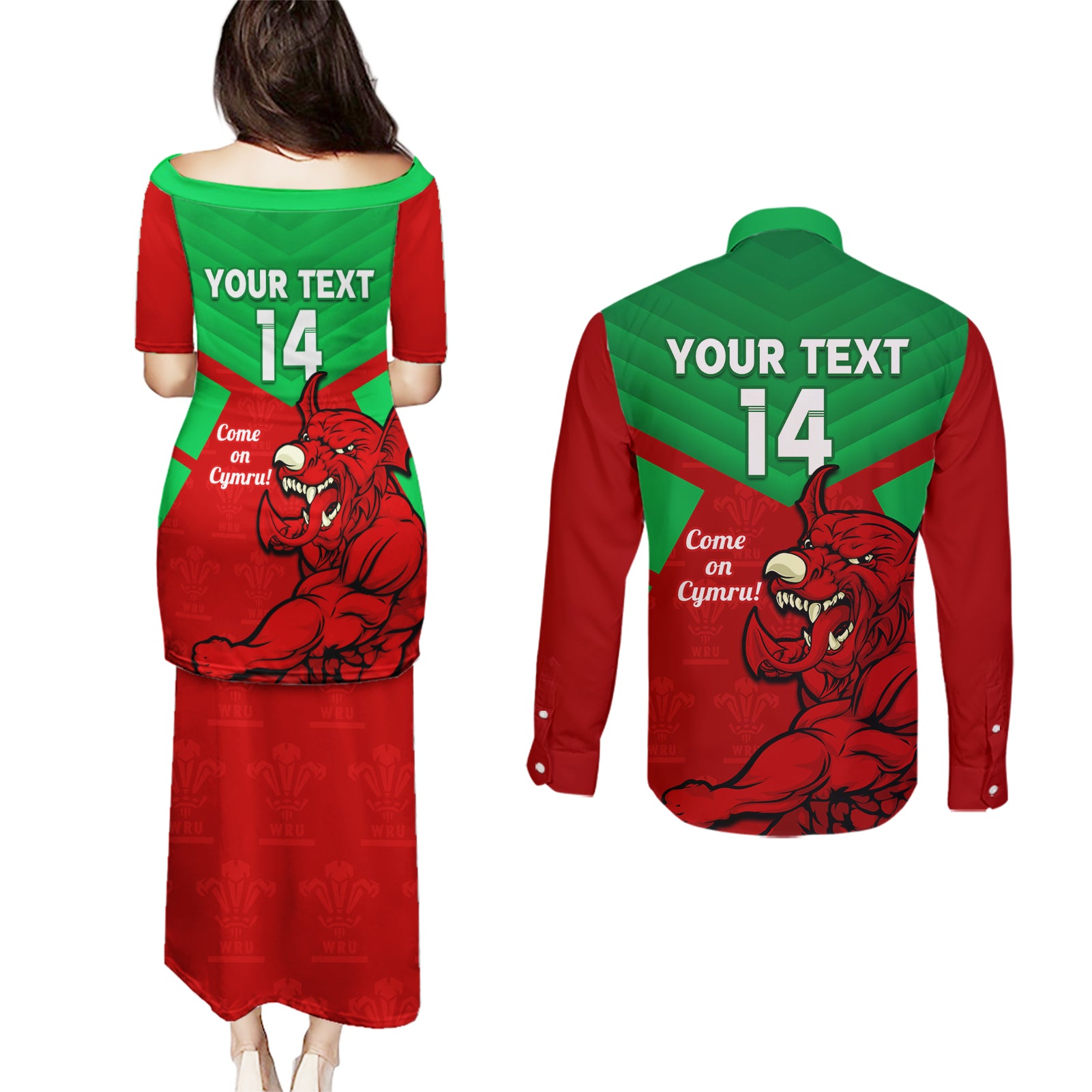custom-wales-rugby-couples-matching-puletasi-and-long-sleeve-button-shirt-2024-six-nations-come-on-cymru-mascot-sporty