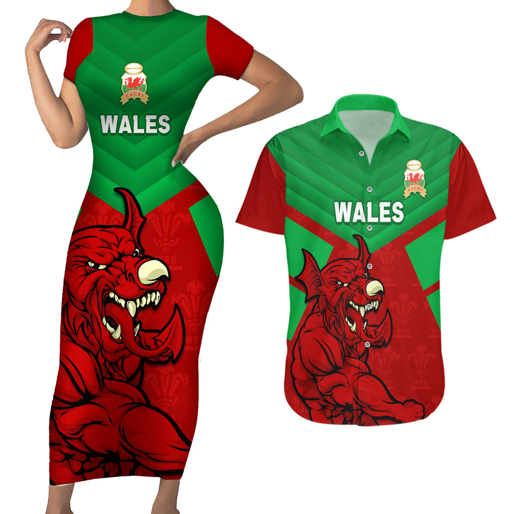 custom-wales-rugby-couples-matching-short-sleeve-bodycon-dress-and-hawaiian-shirt-2024-six-nations-come-on-cymru-mascot-sporty