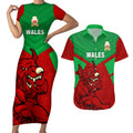 custom-wales-rugby-couples-matching-short-sleeve-bodycon-dress-and-hawaiian-shirt-2024-six-nations-come-on-cymru-mascot-sporty