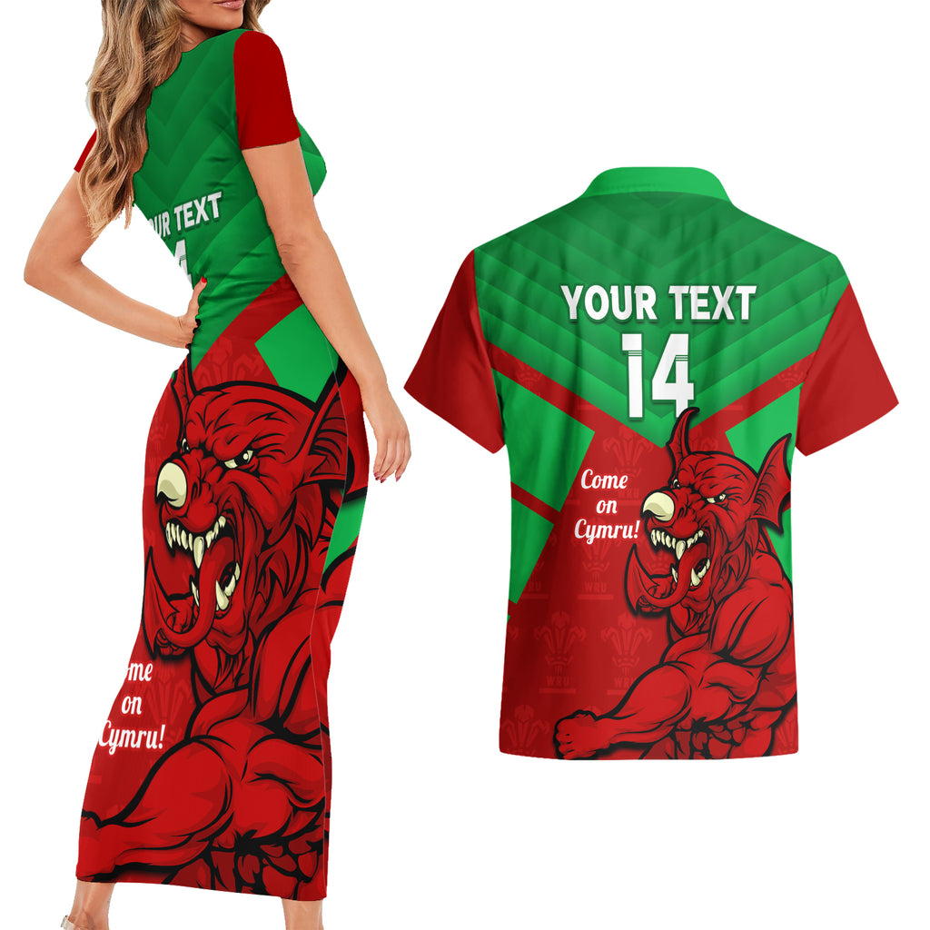 custom-wales-rugby-couples-matching-short-sleeve-bodycon-dress-and-hawaiian-shirt-2024-six-nations-come-on-cymru-mascot-sporty