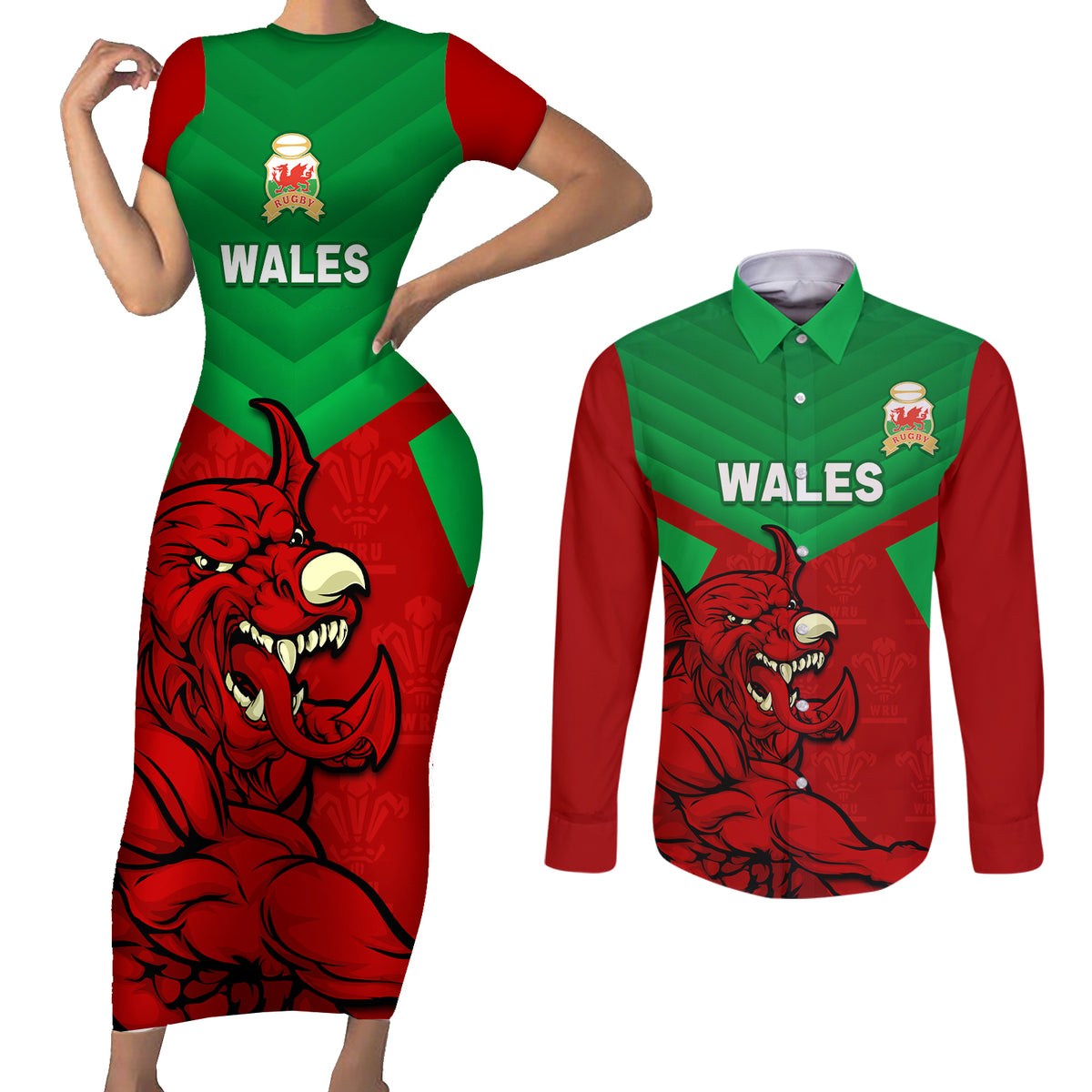 custom-wales-rugby-couples-matching-short-sleeve-bodycon-dress-and-long-sleeve-button-shirt-2024-six-nations-come-on-cymru-mascot-sporty