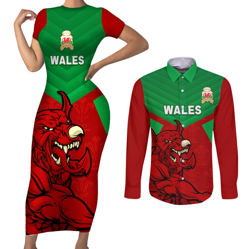 custom-wales-rugby-couples-matching-short-sleeve-bodycon-dress-and-long-sleeve-button-shirt-2024-six-nations-come-on-cymru-mascot-sporty