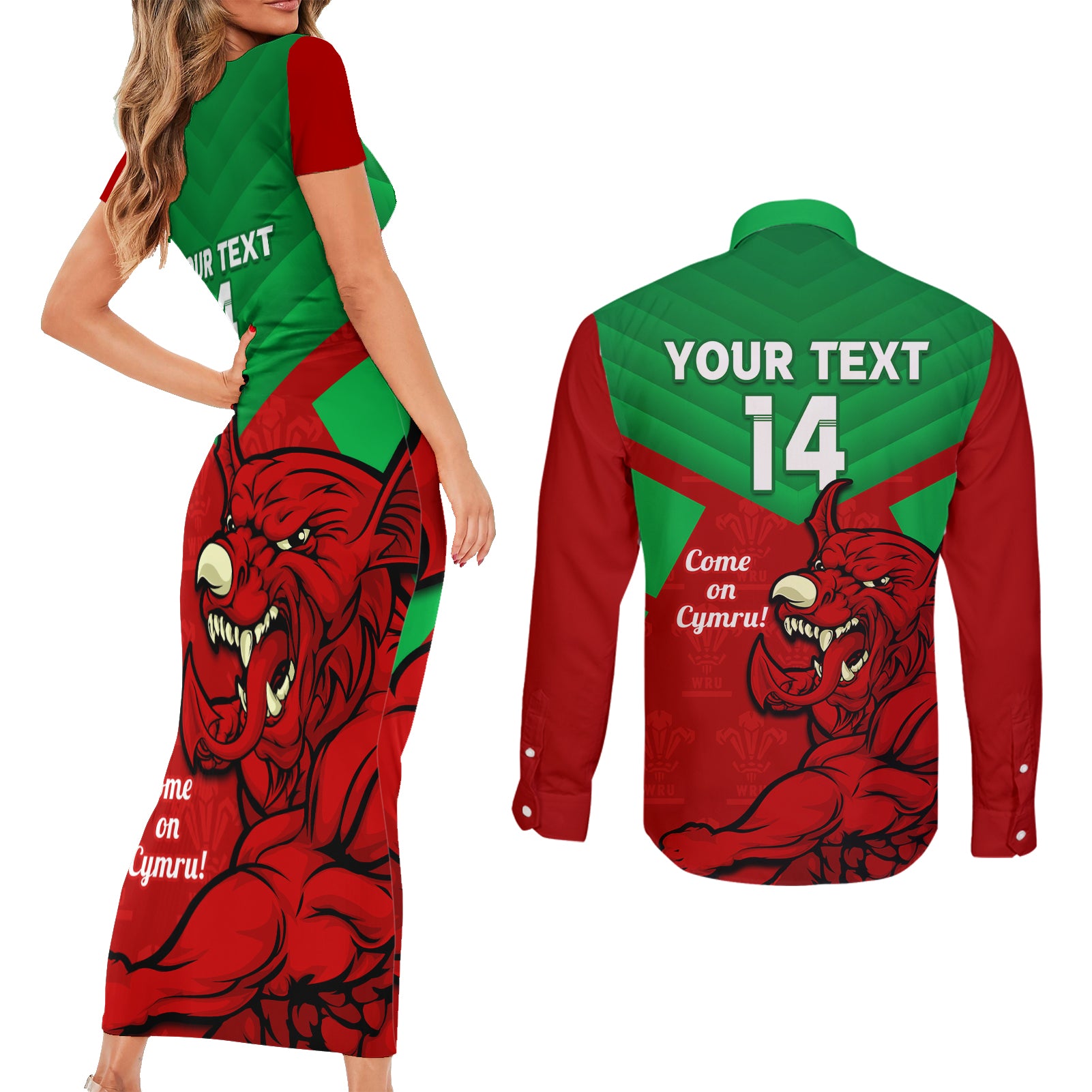 custom-wales-rugby-couples-matching-short-sleeve-bodycon-dress-and-long-sleeve-button-shirt-2024-six-nations-come-on-cymru-mascot-sporty