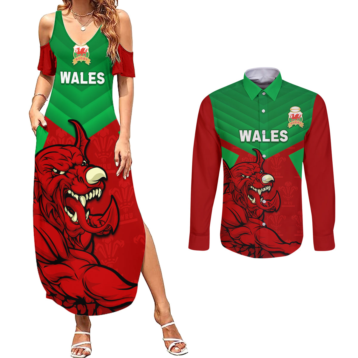 custom-wales-rugby-couples-matching-summer-maxi-dress-and-long-sleeve-button-shirt-2024-six-nations-come-on-cymru-mascot-sporty