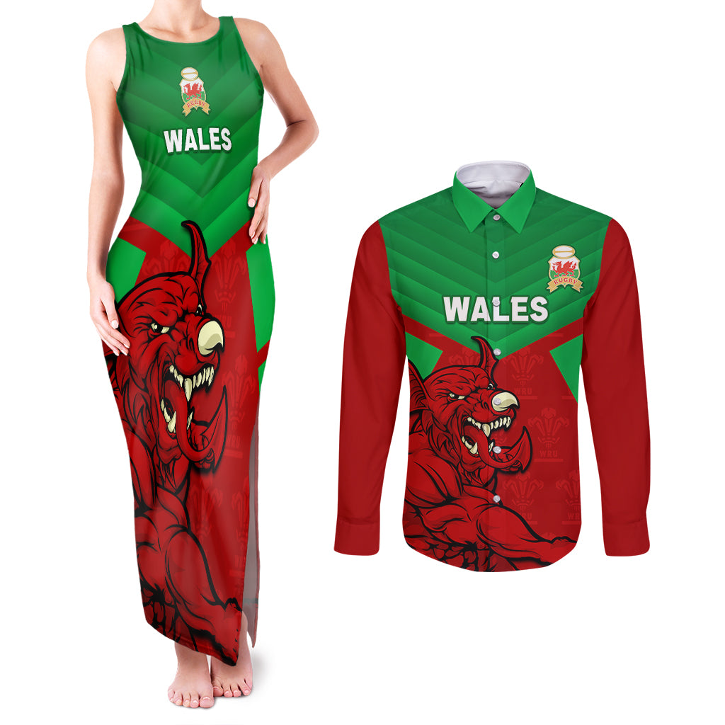 custom-wales-rugby-couples-matching-tank-maxi-dress-and-long-sleeve-button-shirt-2024-six-nations-come-on-cymru-mascot-sporty