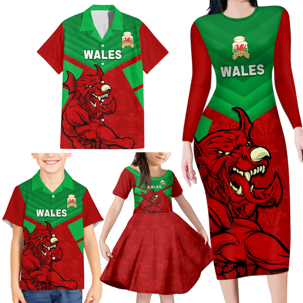 custom-wales-rugby-family-matching-long-sleeve-bodycon-dress-and-hawaiian-shirt-2024-six-nations-come-on-cymru-mascot-sporty