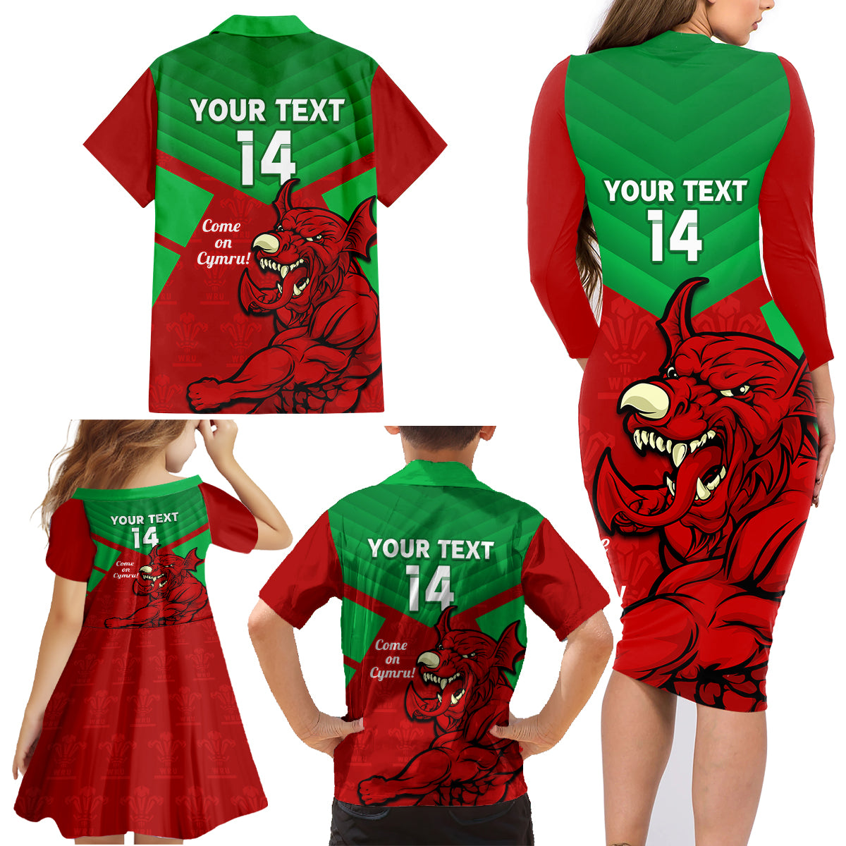 custom-wales-rugby-family-matching-long-sleeve-bodycon-dress-and-hawaiian-shirt-2024-six-nations-come-on-cymru-mascot-sporty