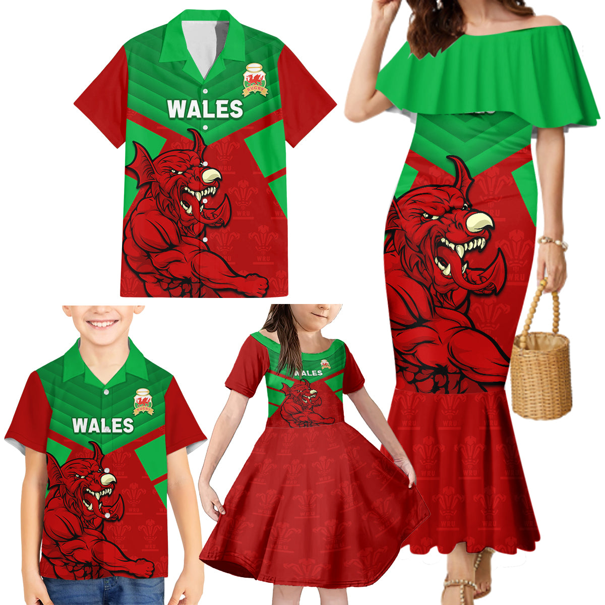custom-wales-rugby-family-matching-mermaid-dress-and-hawaiian-shirt-2024-six-nations-come-on-cymru-mascot-sporty