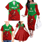 custom-wales-rugby-family-matching-off-shoulder-long-sleeve-dress-and-hawaiian-shirt-2024-six-nations-come-on-cymru-mascot-sporty