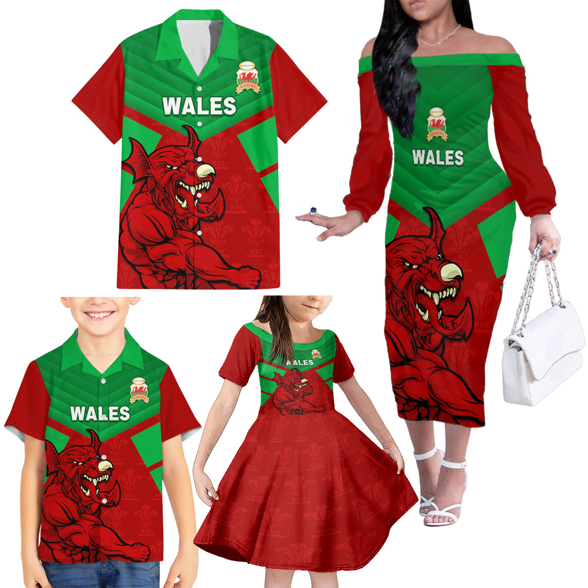 custom-wales-rugby-family-matching-off-shoulder-long-sleeve-dress-and-hawaiian-shirt-2024-six-nations-come-on-cymru-mascot-sporty