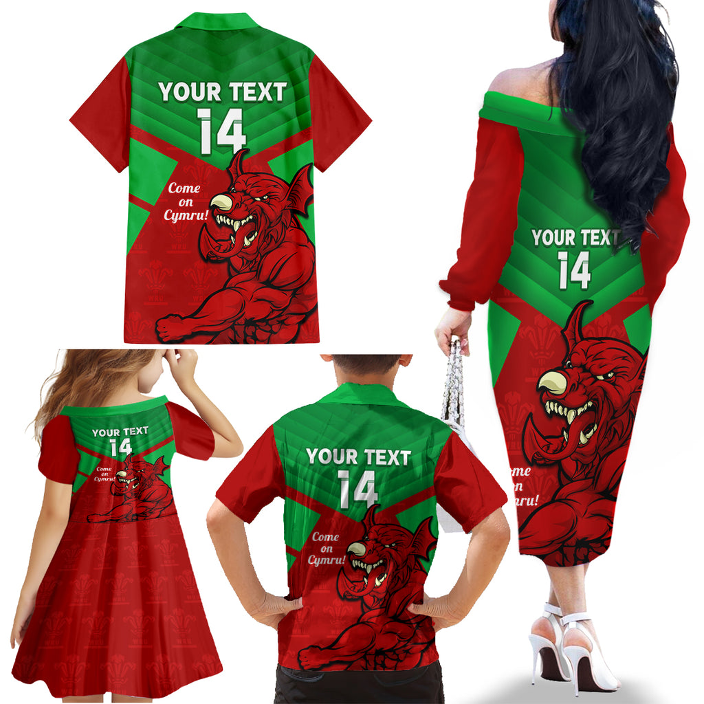 custom-wales-rugby-family-matching-off-shoulder-long-sleeve-dress-and-hawaiian-shirt-2024-six-nations-come-on-cymru-mascot-sporty