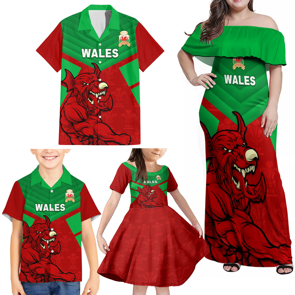 custom-wales-rugby-family-matching-off-shoulder-maxi-dress-and-hawaiian-shirt-2024-six-nations-come-on-cymru-mascot-sporty