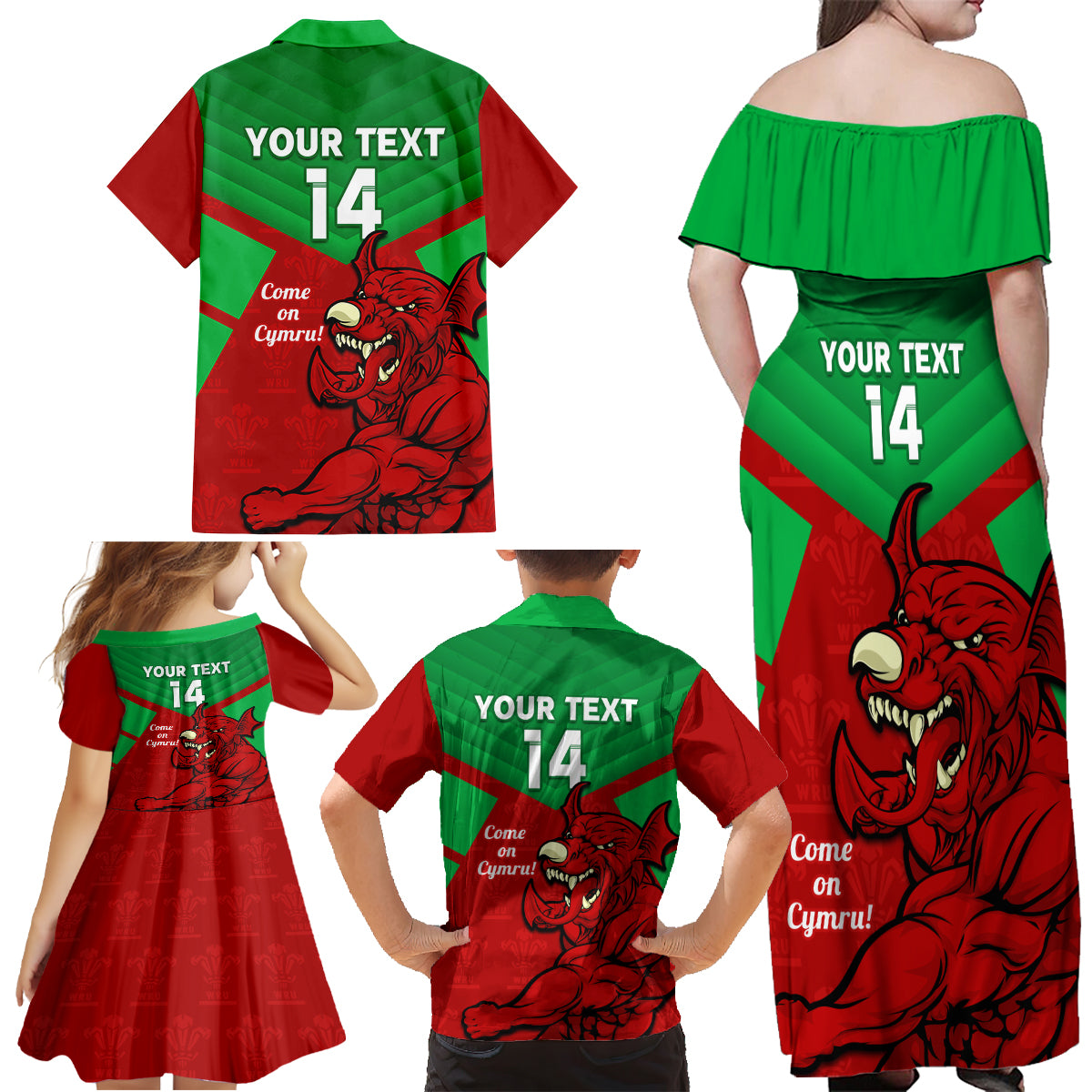 custom-wales-rugby-family-matching-off-shoulder-maxi-dress-and-hawaiian-shirt-2024-six-nations-come-on-cymru-mascot-sporty