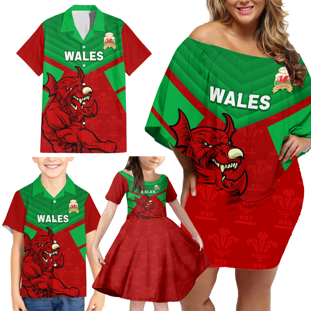 custom-wales-rugby-family-matching-off-shoulder-short-dress-and-hawaiian-shirt-2024-six-nations-come-on-cymru-mascot-sporty