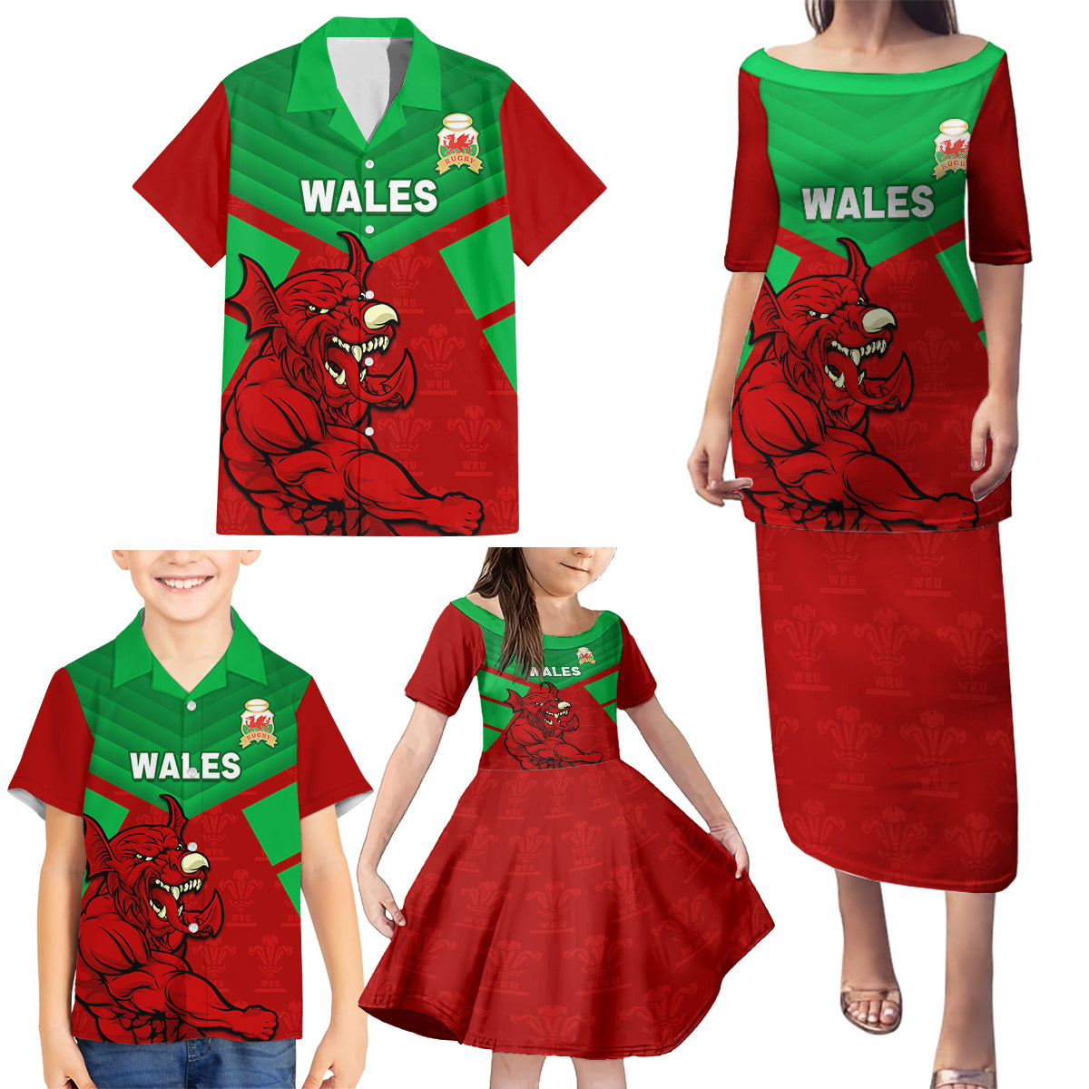 custom-wales-rugby-family-matching-puletasi-and-hawaiian-shirt-2024-six-nations-come-on-cymru-mascot-sporty