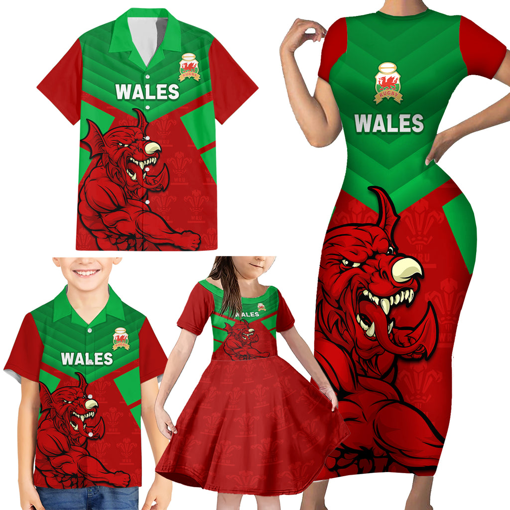 custom-wales-rugby-family-matching-short-sleeve-bodycon-dress-and-hawaiian-shirt-2024-six-nations-come-on-cymru-mascot-sporty