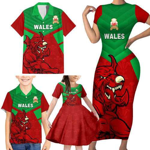custom-wales-rugby-family-matching-short-sleeve-bodycon-dress-and-hawaiian-shirt-2024-six-nations-come-on-cymru-mascot-sporty
