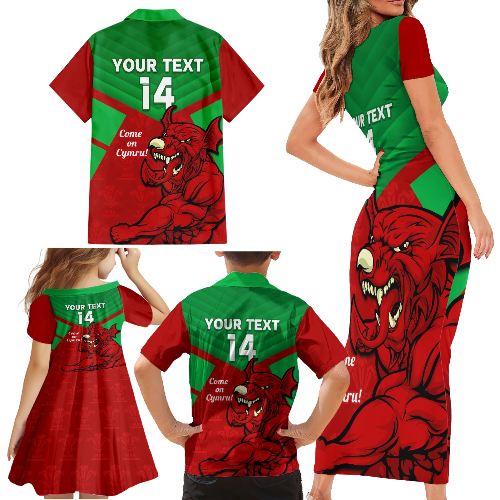 custom-wales-rugby-family-matching-short-sleeve-bodycon-dress-and-hawaiian-shirt-2024-six-nations-come-on-cymru-mascot-sporty