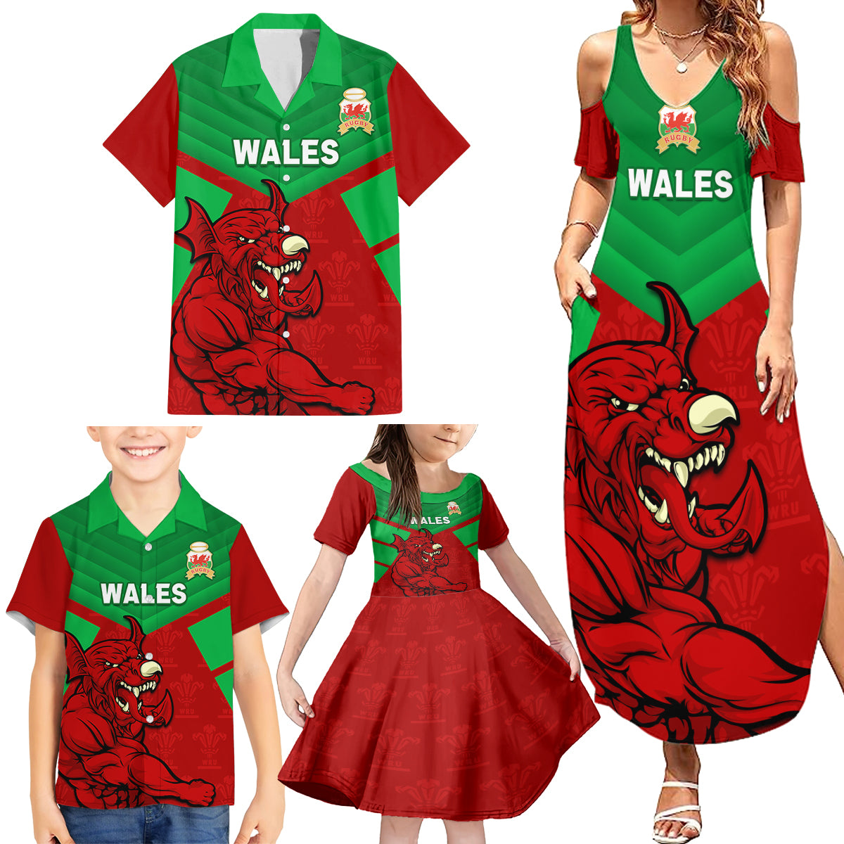 custom-wales-rugby-family-matching-summer-maxi-dress-and-hawaiian-shirt-2024-six-nations-come-on-cymru-mascot-sporty