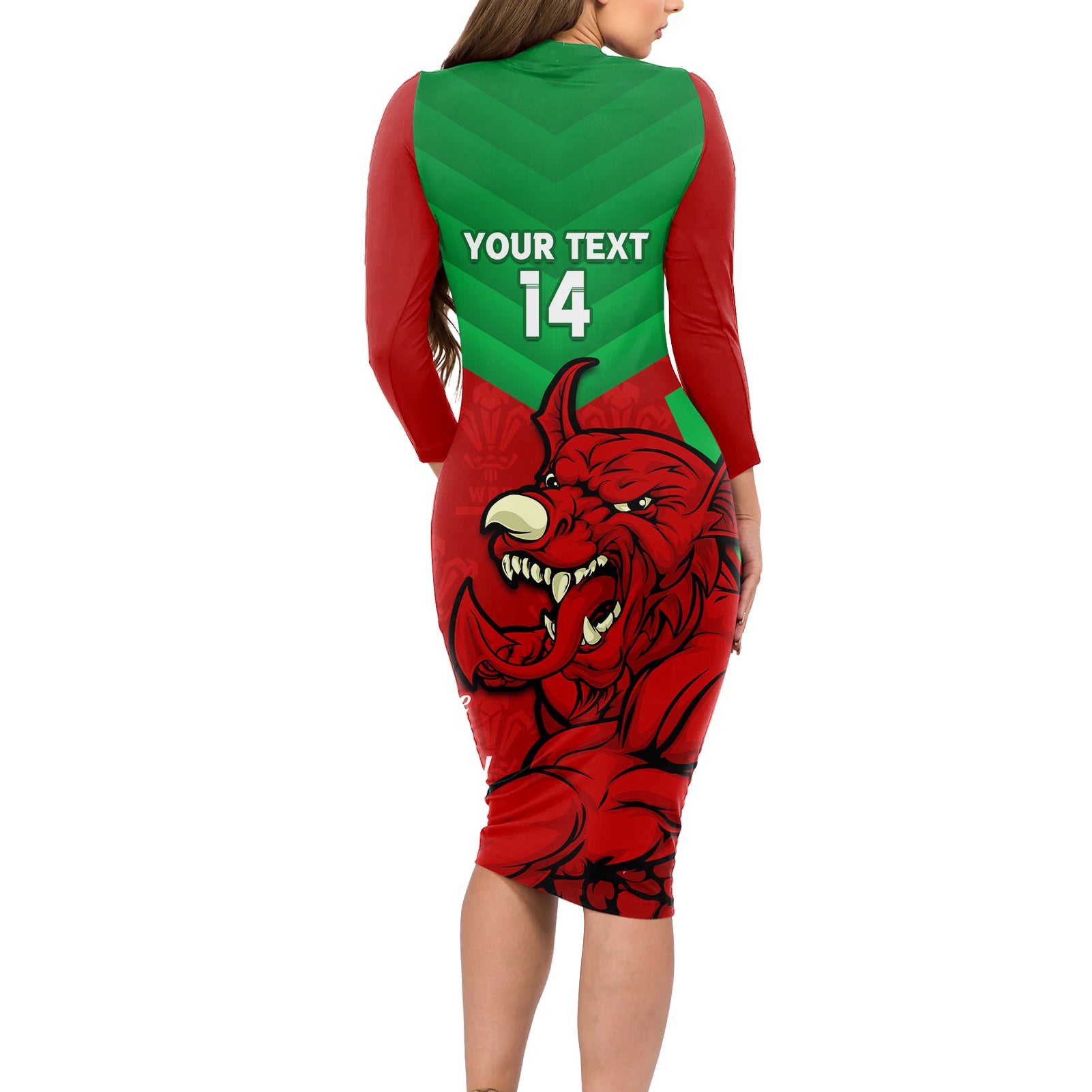custom-wales-rugby-long-sleeve-bodycon-dress-2024-six-nations-come-on-cymru-mascot-sporty
