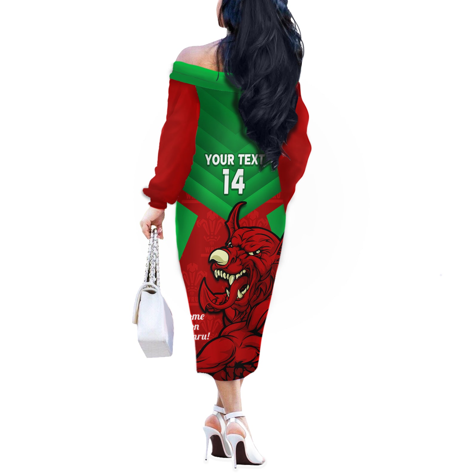 custom-wales-rugby-off-the-shoulder-long-sleeve-dress-2024-six-nations-come-on-cymru-mascot-sporty