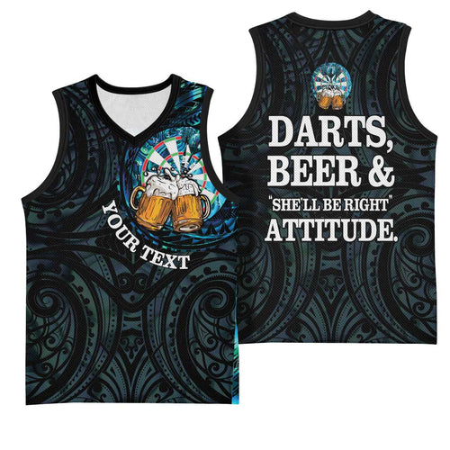 Personalized New Zealand Darts Beer Basketball Jersey Paua Shell Aotearoa Maori Tattoo - Aussie Hoodie