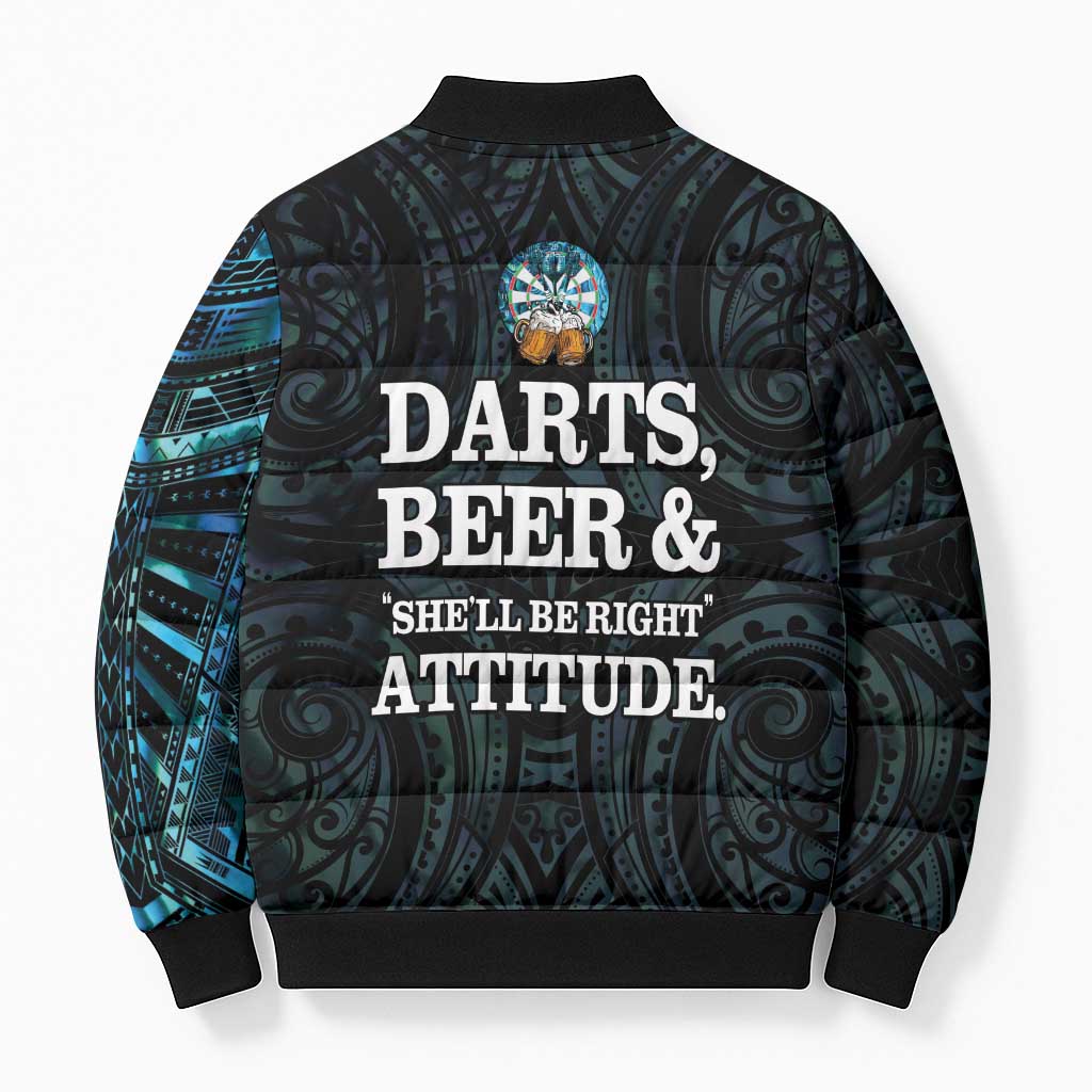 Personalized New Zealand Darts Beer Bomber Puffer Jacket Paua Shell Aotearoa Maori Tattoo - Aussie Hoodie