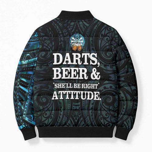 Personalized New Zealand Darts Beer Bomber Puffer Jacket Paua Shell Aotearoa Maori Tattoo - Aussie Hoodie
