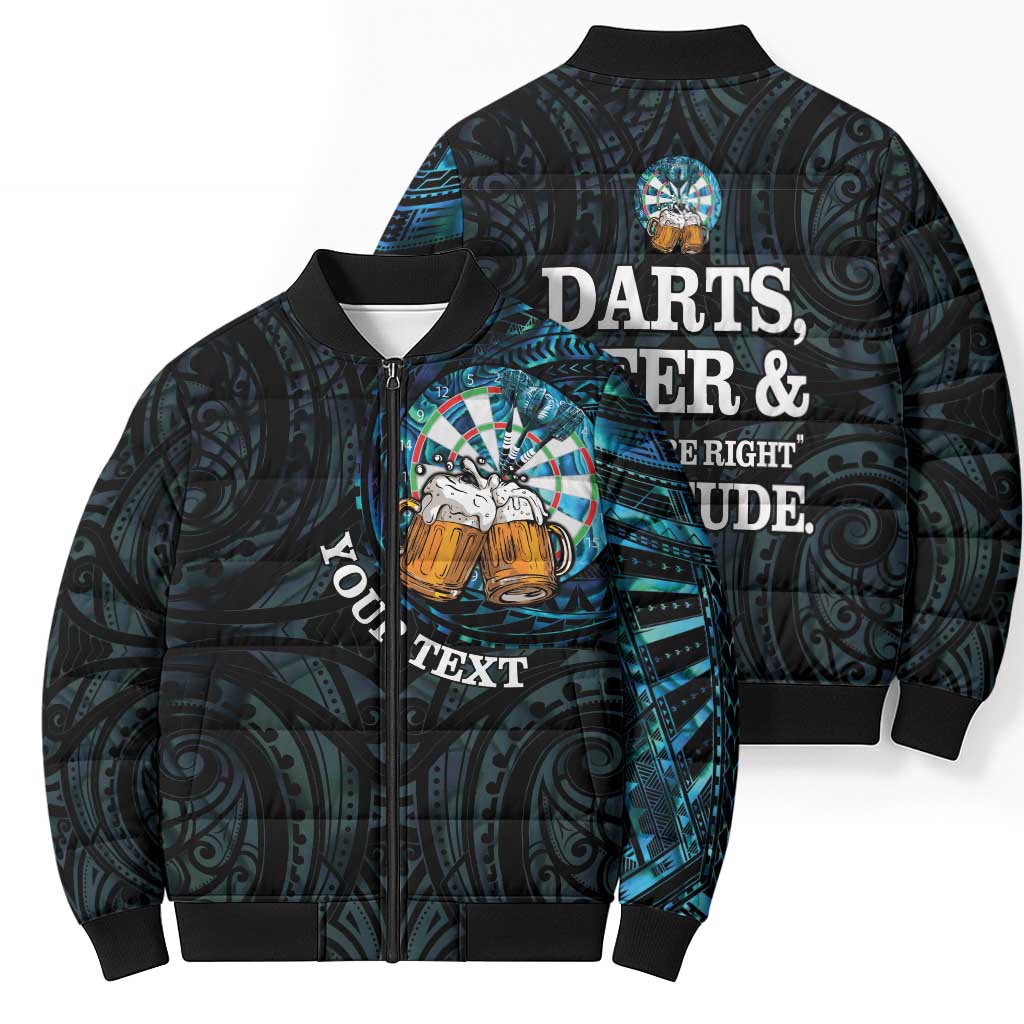 Personalized New Zealand Darts Beer Bomber Puffer Jacket Paua Shell Aotearoa Maori Tattoo - Aussie Hoodie