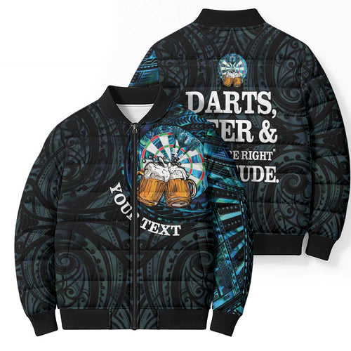 Personalized New Zealand Darts Beer Bomber Puffer Jacket Paua Shell Aotearoa Maori Tattoo - Aussie Hoodie