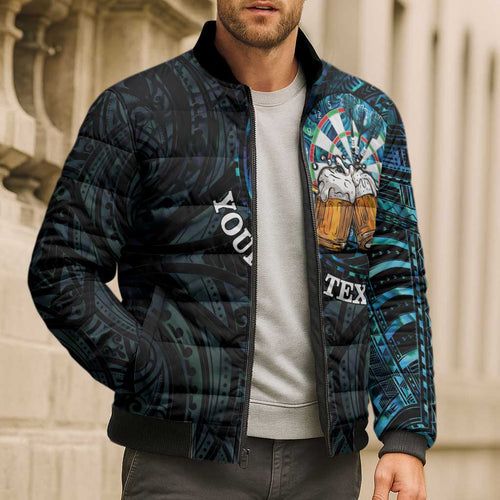 Personalized New Zealand Darts Beer Bomber Puffer Jacket Paua Shell Aotearoa Maori Tattoo - Aussie Hoodie