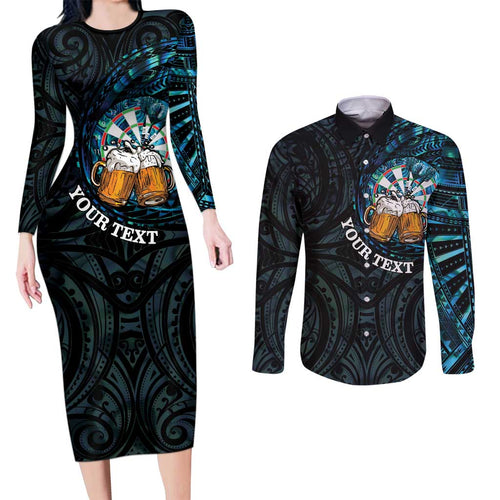 Personalized New Zealand Darts Beer Couples Matching Long Sleeve Bodycon Dress and Long Sleeve Button Shirt Paua Shell Aotearoa Maori Tattoo - Aussie Hoodie