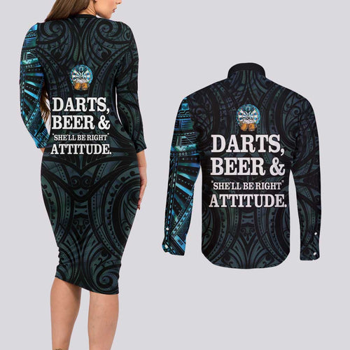 Personalized New Zealand Darts Beer Couples Matching Long Sleeve Bodycon Dress and Long Sleeve Button Shirt Paua Shell Aotearoa Maori Tattoo - Aussie Hoodie