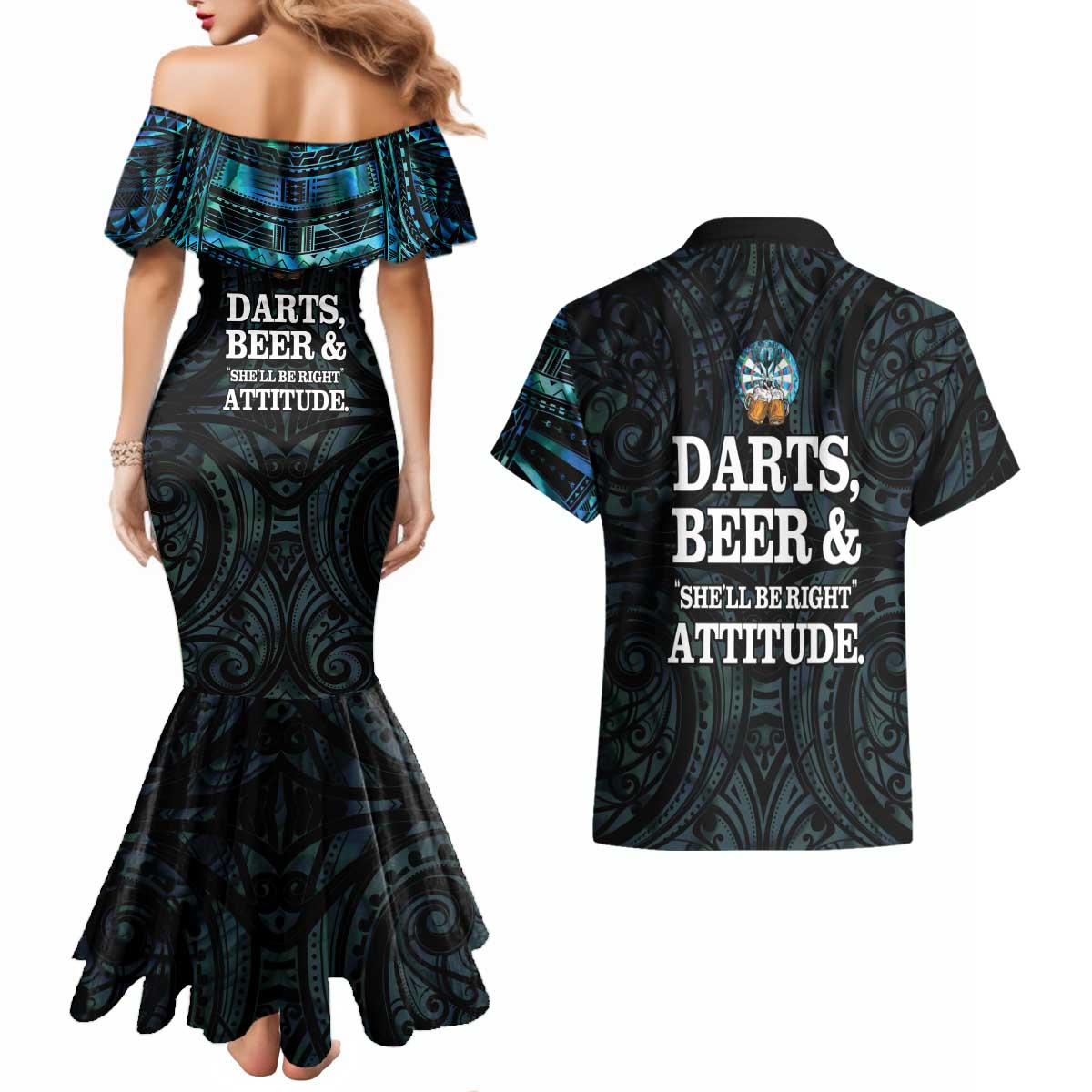 Personalized New Zealand Darts Beer Couples Matching Mermaid Dress and Hawaiian Shirt Paua Shell Aotearoa Maori Tattoo - Aussie Hoodie