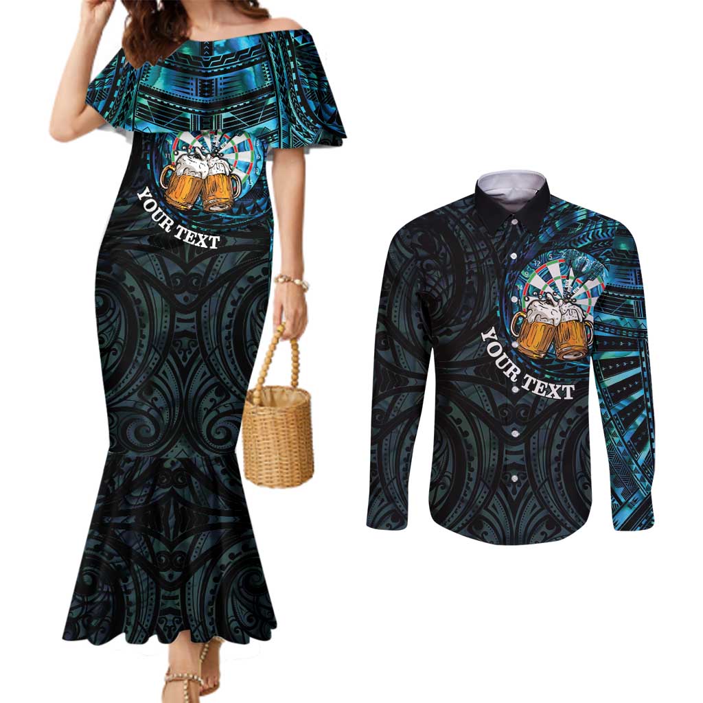 Personalized New Zealand Darts Beer Couples Matching Mermaid Dress and Long Sleeve Button Shirt Paua Shell Aotearoa Maori Tattoo - Aussie Hoodie