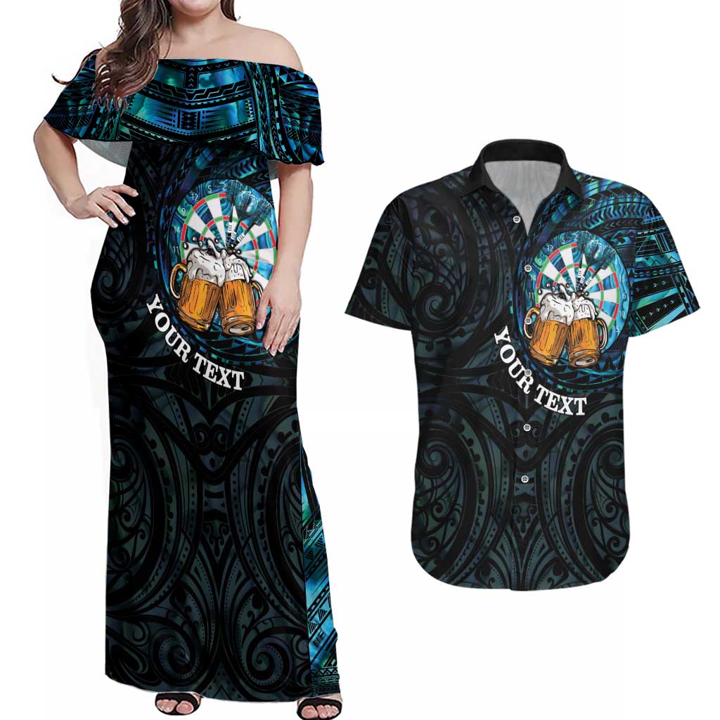 Personalized New Zealand Darts Beer Couples Matching Off Shoulder Maxi Dress and Hawaiian Shirt Paua Shell Aotearoa Maori Tattoo - Aussie Hoodie