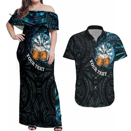 Personalized New Zealand Darts Beer Couples Matching Off Shoulder Maxi Dress and Hawaiian Shirt Paua Shell Aotearoa Maori Tattoo - Aussie Hoodie