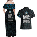 Personalized New Zealand Darts Beer Couples Matching Off Shoulder Maxi Dress and Hawaiian Shirt Paua Shell Aotearoa Maori Tattoo - Aussie Hoodie