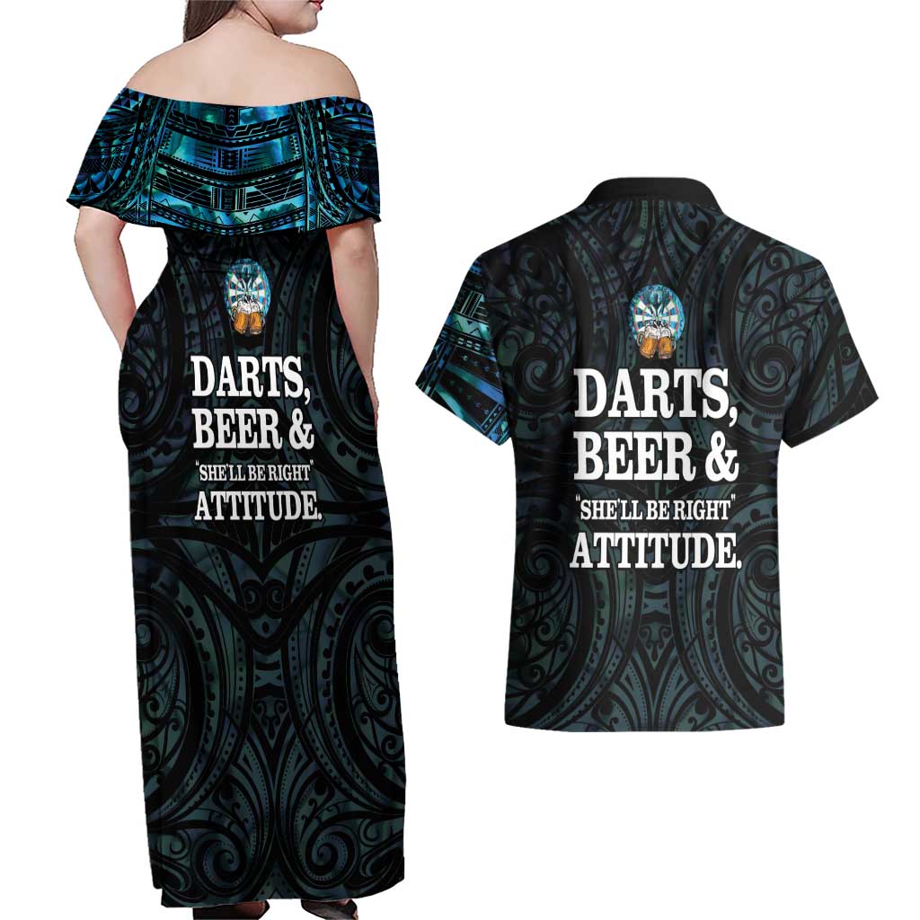 Personalized New Zealand Darts Beer Couples Matching Off Shoulder Maxi Dress and Hawaiian Shirt Paua Shell Aotearoa Maori Tattoo - Aussie Hoodie