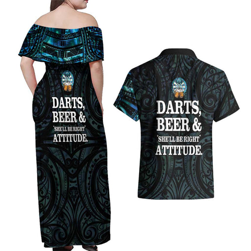 Personalized New Zealand Darts Beer Couples Matching Off Shoulder Maxi Dress and Hawaiian Shirt Paua Shell Aotearoa Maori Tattoo - Aussie Hoodie