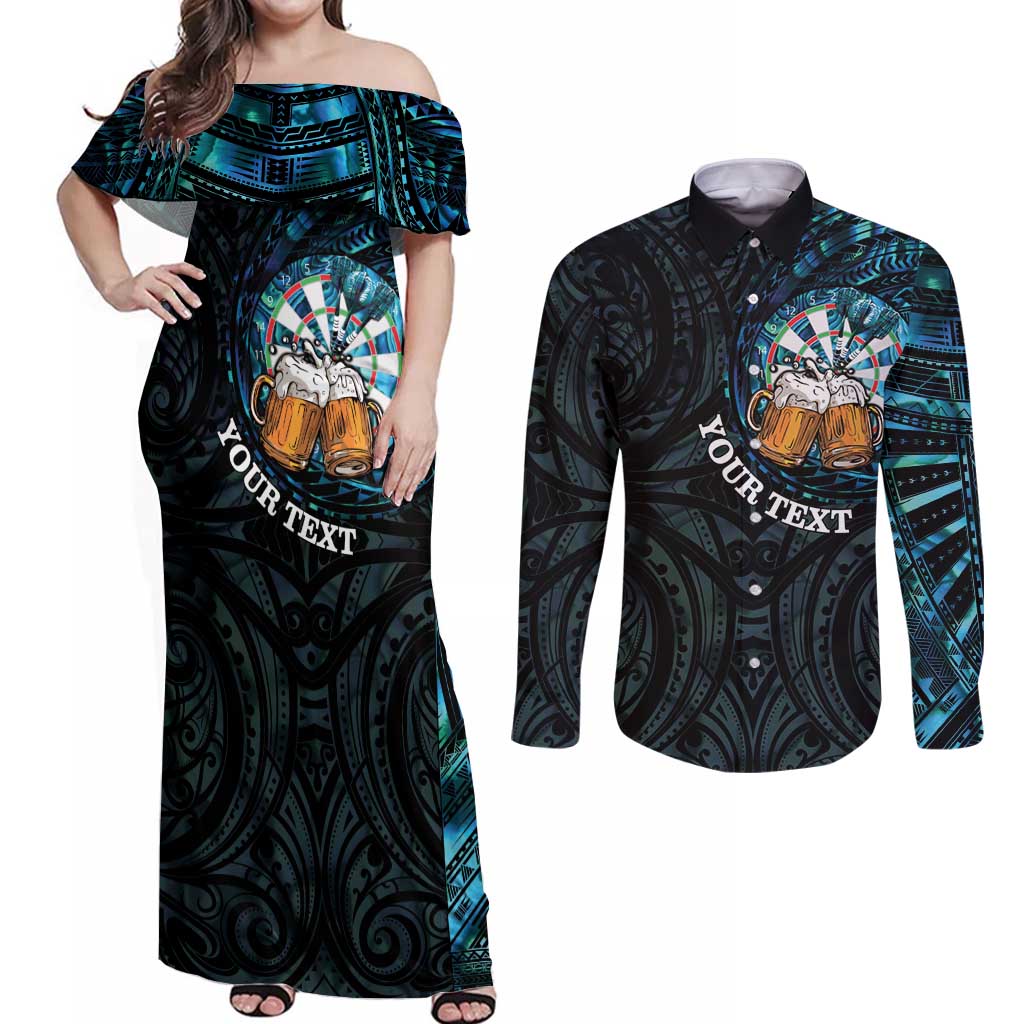 Personalized New Zealand Darts Beer Couples Matching Off Shoulder Maxi Dress and Long Sleeve Button Shirt Paua Shell Aotearoa Maori Tattoo - Aussie Hoodie