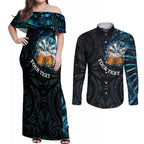 Personalized New Zealand Darts Beer Couples Matching Off Shoulder Maxi Dress and Long Sleeve Button Shirt Paua Shell Aotearoa Maori Tattoo - Aussie Hoodie